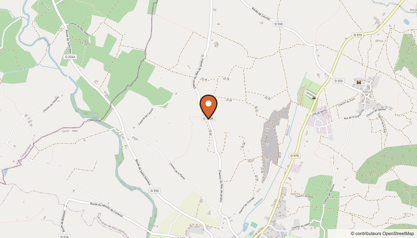 Carte du site du festival : repère sur le chemin du mas de jandon, entre la D 350 et le village d'Avéjan.