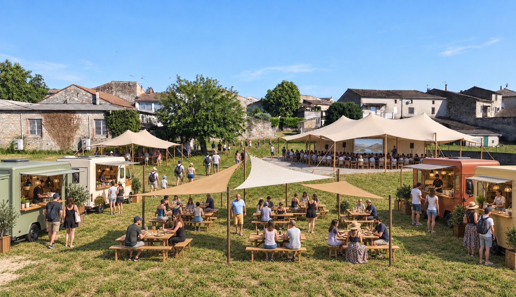 Des tables de pique-nique sous des toiles d'ombrage, entourées de food trucks, dans un pré bordé de maisons en pierre.