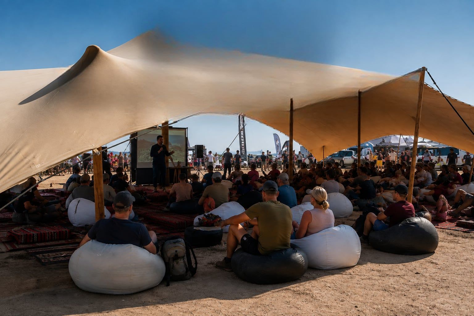 Sous une grande toile tendue, un orateur présente des images projetées devant un public assis sur des poufs et des tapis.