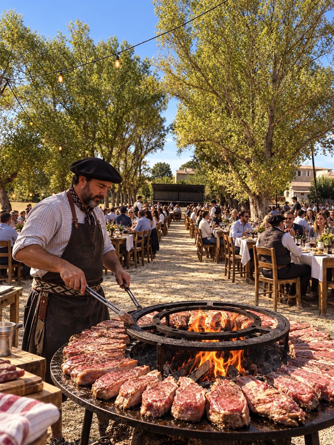Un cuisinier en béret retourne des pièces de viande sur un grand brasero rond, devant des convives attablés sous les arbres.