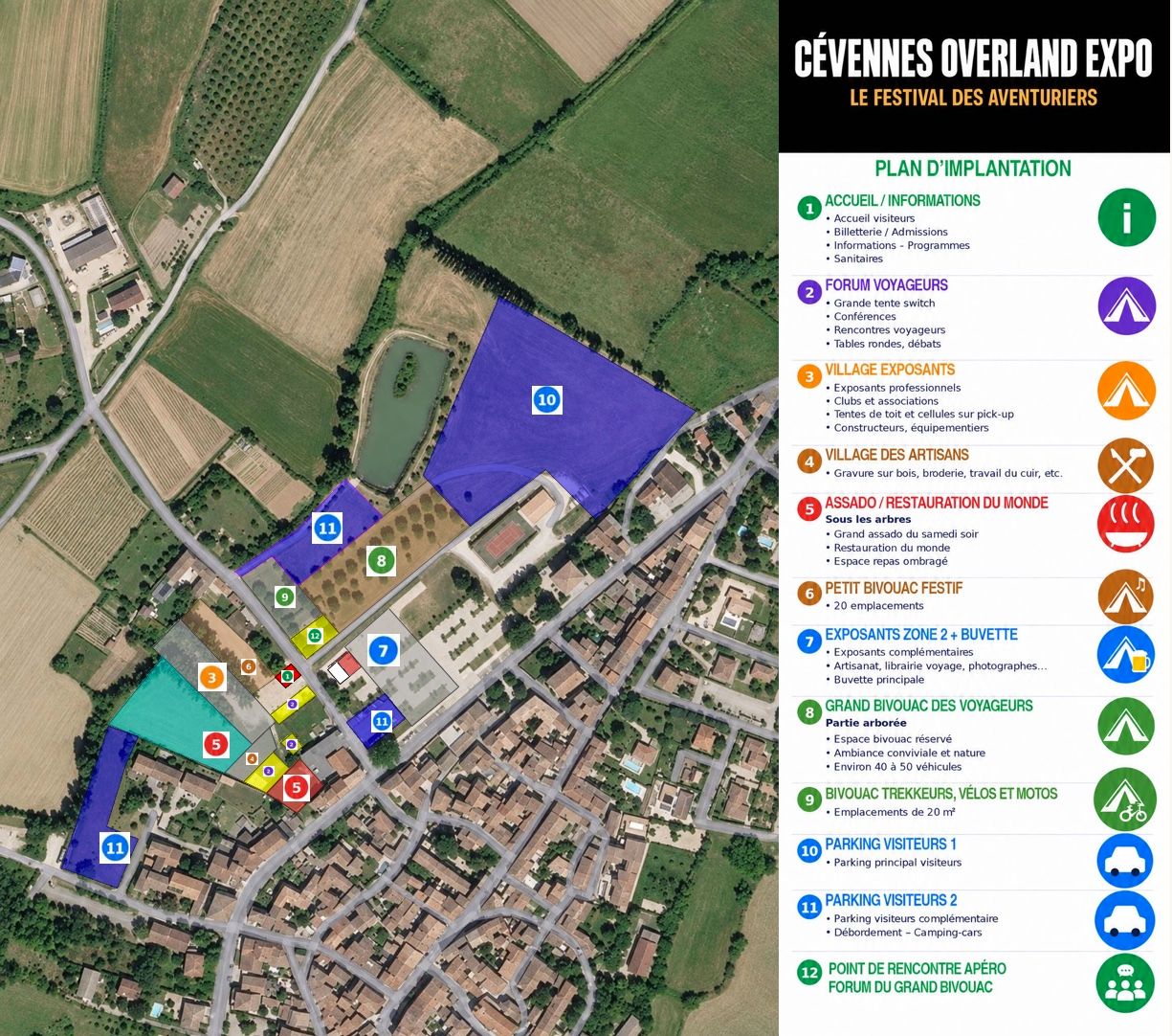 Plan d'implantation du festival : vue aérienne du site avec les zones numérotées, détaillées dans la liste ci-contre.
