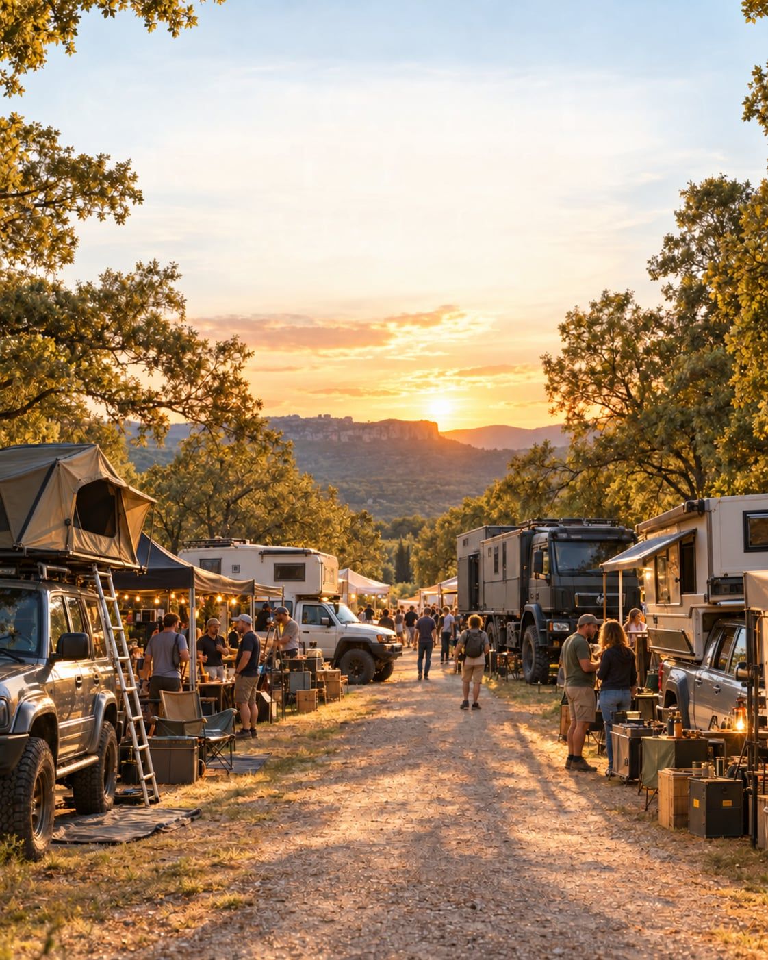 Un village d'exposants avec tentes de toit et véhicules aménagés au coucher du soleil.